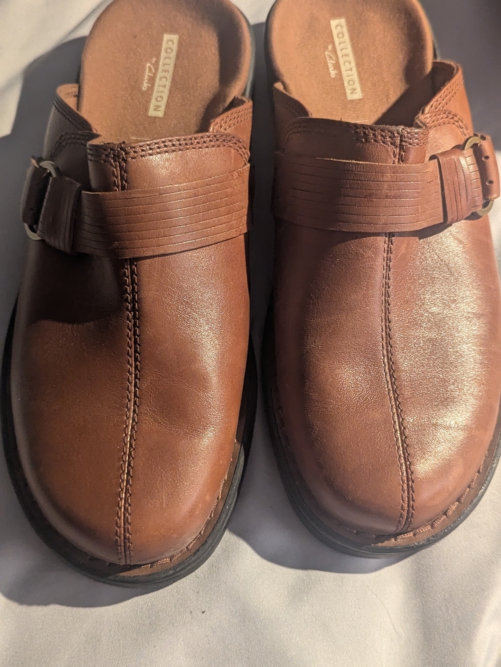 Brown Leather Slip-On Clog with Buckle